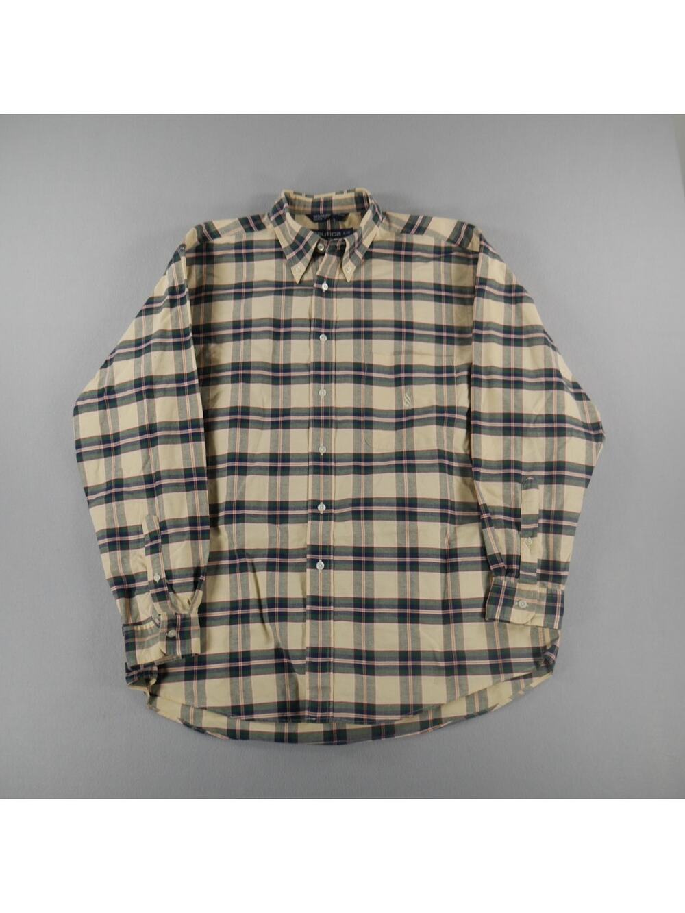 Vintage 90s Nautica Cresent Pocket Fall Tones Plaid Long Sleeve Button Mens SZ L